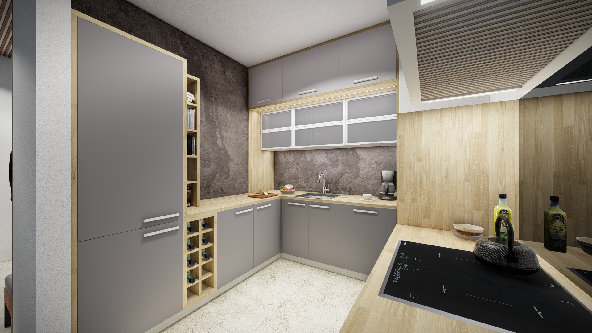Nowoczesna kuchnia w Legionowie z szarymi szafkami, drewnianymi blatami i półkami na wino, oświetlona lampami podszafkowymi, z czajnikiem na płycie indukcyjnej i dekoracyjną ścianą z imitacji betonu.