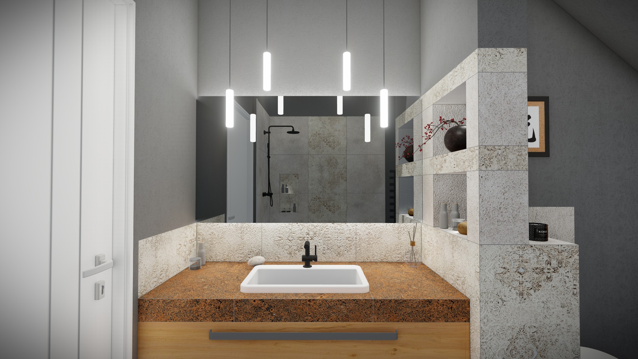 Nowoczesna łazienka z umywalką nablatową, brązowym blatem, białymi płytkami strukturalnymi i wiszącymi lampami, widoczna w lustrze kabina prysznicowa.