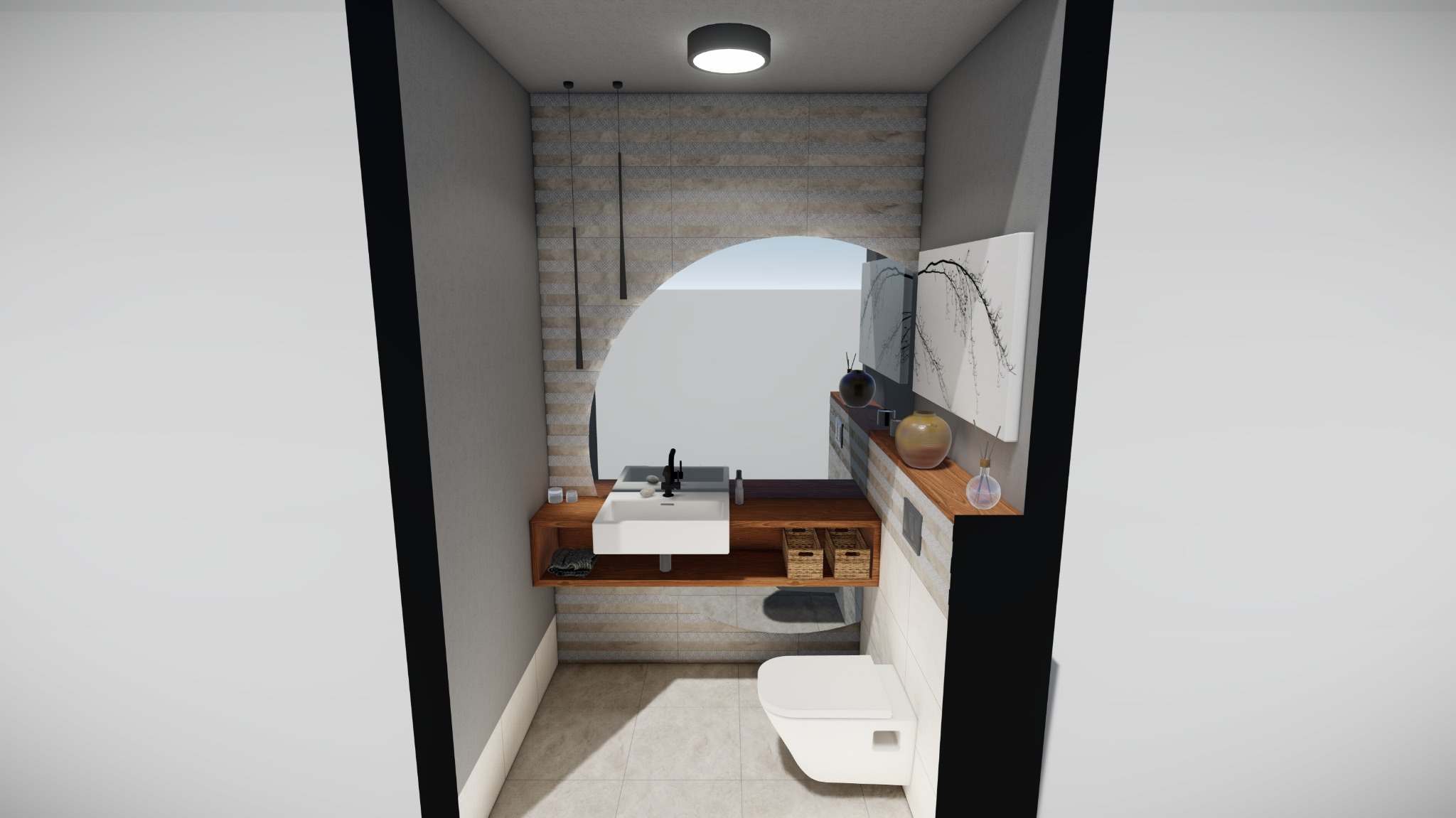 Wizualizacja łazienki w neutralnych barwach z umywalką na drewnianym blacie, toaletą podwieszaną i dekoracyjnymi elementami na ścianie.