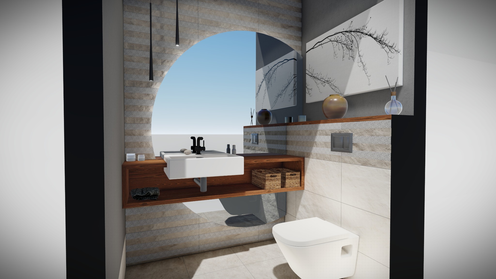 Wizualizacja nowoczesnej łazienki z umywalką nablatową na drewnianym blacie, toaletą, lustrem w kształcie łuku i dekoracjami ściennymi.