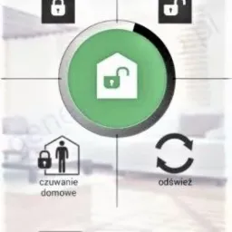 Ekran smartfona z aplikacją do zarządzania systemem alarmowym: ikony trybów czuwania (pełne, domowe, wyłączone) oraz opcja odświeżania.
