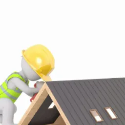 Grafika 3D: Figurka w kasku montuje dach z oknami dachowymi, ukazując proces krycia z bliska i detale konstrukcyjne. Model dachu na białym tle.