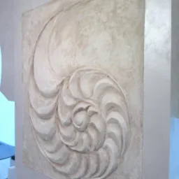 Dekoracyjna płaskorzeźba w kształcie muszli ślimaka na ścianie, wykonana z jasnej gładzi strukturalnej, widoczna z boku.