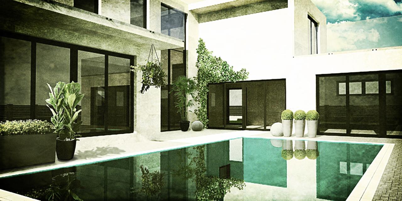 Nowoczesny taras z basenem, minimalistyczna architektura, duże okna, rośliny w donicach i wiszące, odbicie w wodzie, stonowana kolorystyka.