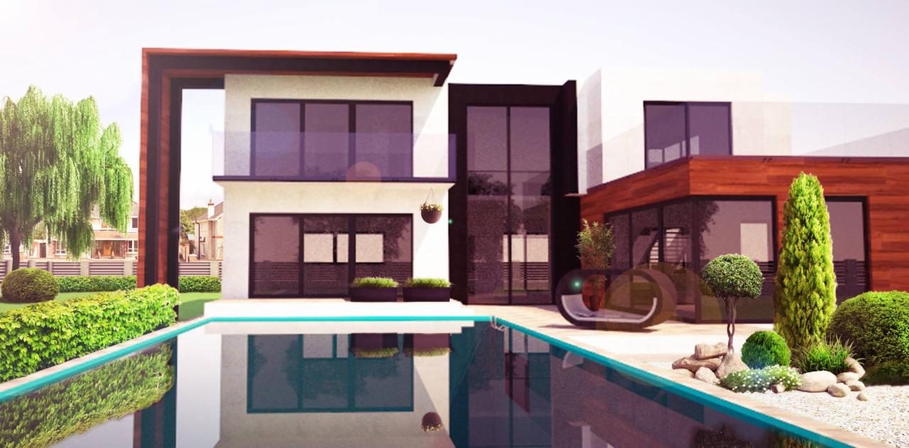 Wizualizacja nowoczesnego domu z basenem, minimalistyczna architektura, drewniana elewacja, zadbany ogród z ozdobnymi krzewami i drzewami, odbicie budynku w lustrze wody.