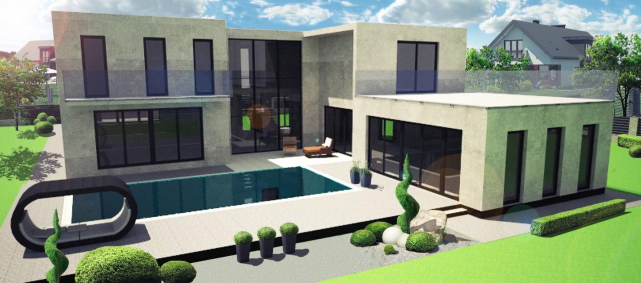 Wizualizacja nowoczesnego domu z basenem, minimalistyczna architektura, geometryczne formy, zadbany ogród z ozdobnymi krzewami i trawami, w tle widoczny inny dom.