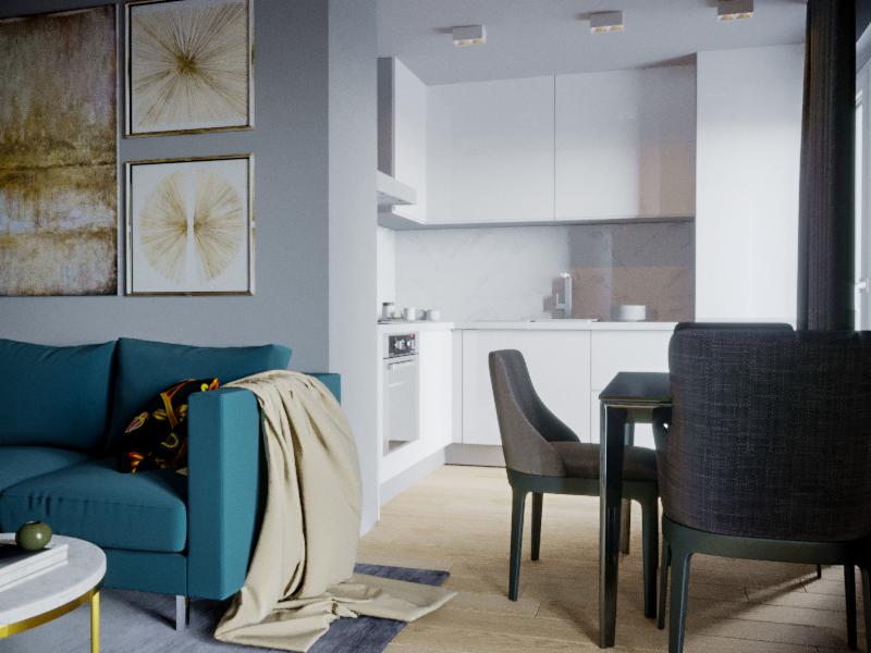 Wizualizacja wnętrza mieszkania z aneksem kuchennym, turkusowa sofa z dekoracyjną poduszką i beżowym pledem, nowoczesne obrazy na ścianie, stół z krzesłami w części jadalnej, białe meble kuchenne.