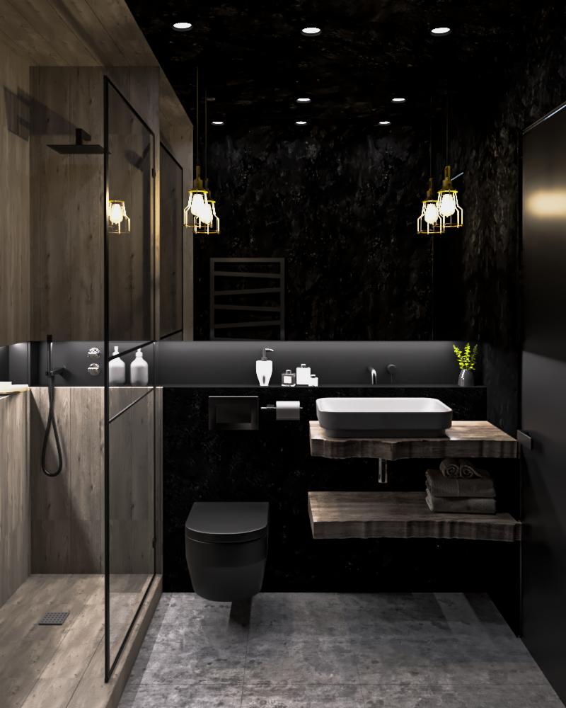 Nowoczesna łazienka w czerni i drewnie: kabina prysznicowa typu walk-in z drewnianym wykończeniem, czarna toaleta wisząca, umywalka nablatowa na drewnianych półkach o nieregularnych krawędziach...