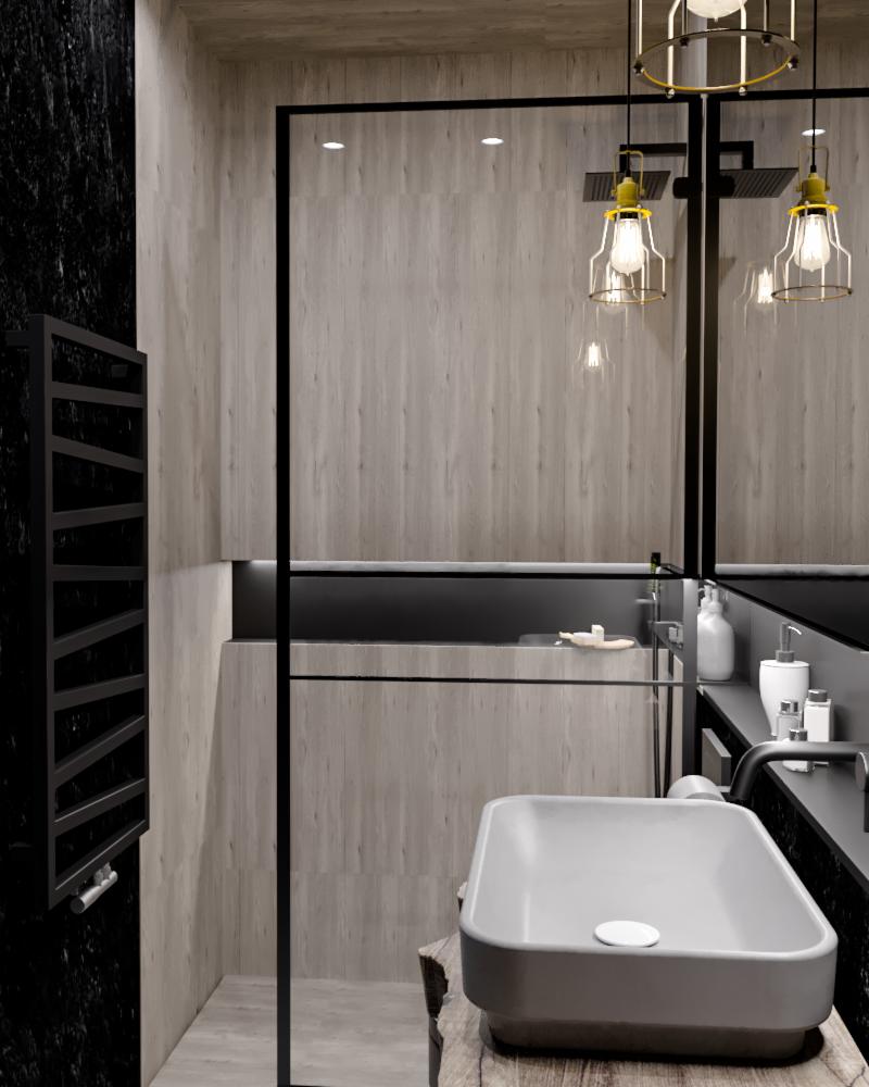 Nowoczesna łazienka z kabiną prysznicową typu walk-in, umywalką nablatową na drewnianym blacie, czarnym grzejnikiem drabinkowym i wiszącymi lampami z żarówkami Edison.