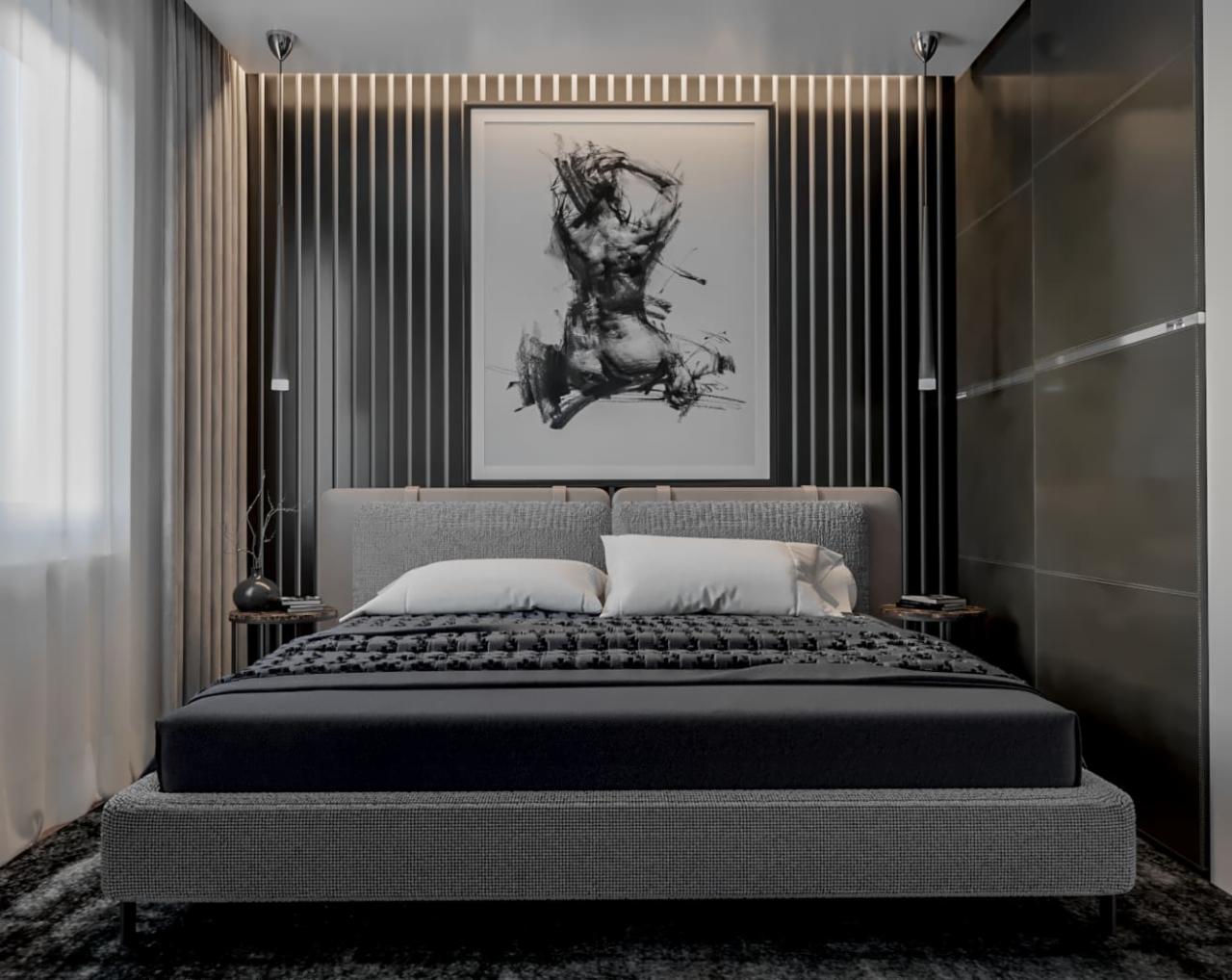 Nowoczesna sypialnia w odcieniach szarości z łóżkiem kontynentalnym, czarną pościelą i abstrakcyjnym obrazem nad wezgłowiem, oświetlona listwami LED.