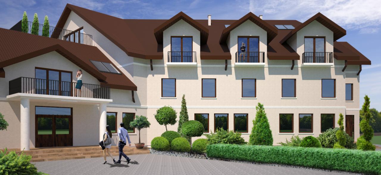 Wizualizacja budynku usługowego z brązowym dachem, balkonami i zadbaną zielenią, z dwoma osobami wchodzącymi do budynku i kobietą stojącą na balkonie.
