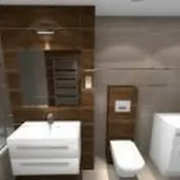 Nowoczesna łazienka z brązowymi akcentami: płytki imitujące drewno na ścianie za lustrem i toaletą, biała umywalka z szafką, wisząca toaleta i pralka. Minimalistyczny design, neutralne oświetlenie.