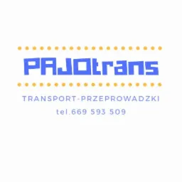 Logo firmy transportowej PAJOtrans z niebieskim napisem i żółtymi kropkami, oferującej transport i usługi pod numerem telefonu 669 593 509.