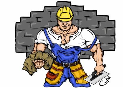 Ilustracja: muskularny glazurnik w kasku, z kielnią i szmatką, na tle muru z cegieł. Rysunek w stylu komiksowym, żywe kolory, dynamiczna poza.