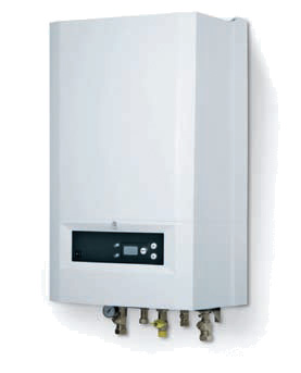 Biały, wiszący, kondensacyjny kocioł gazowy z czarnym panelem sterowania, widoczne przyłącza rur miedzianych i zawory, zamontowany na białej ścianie.