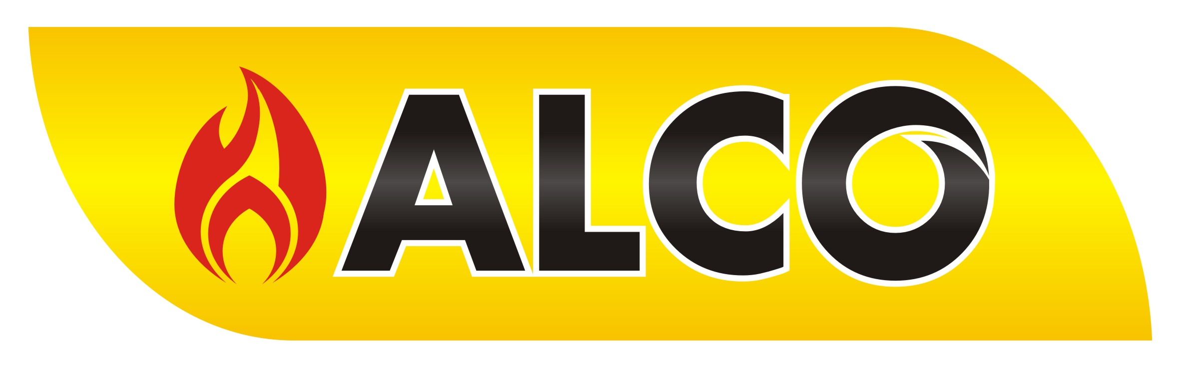 Żółto-białe logo ALCO z płomieniem, prawdopodobnie producenta kotłów grzewczych lub systemów grzewczych.