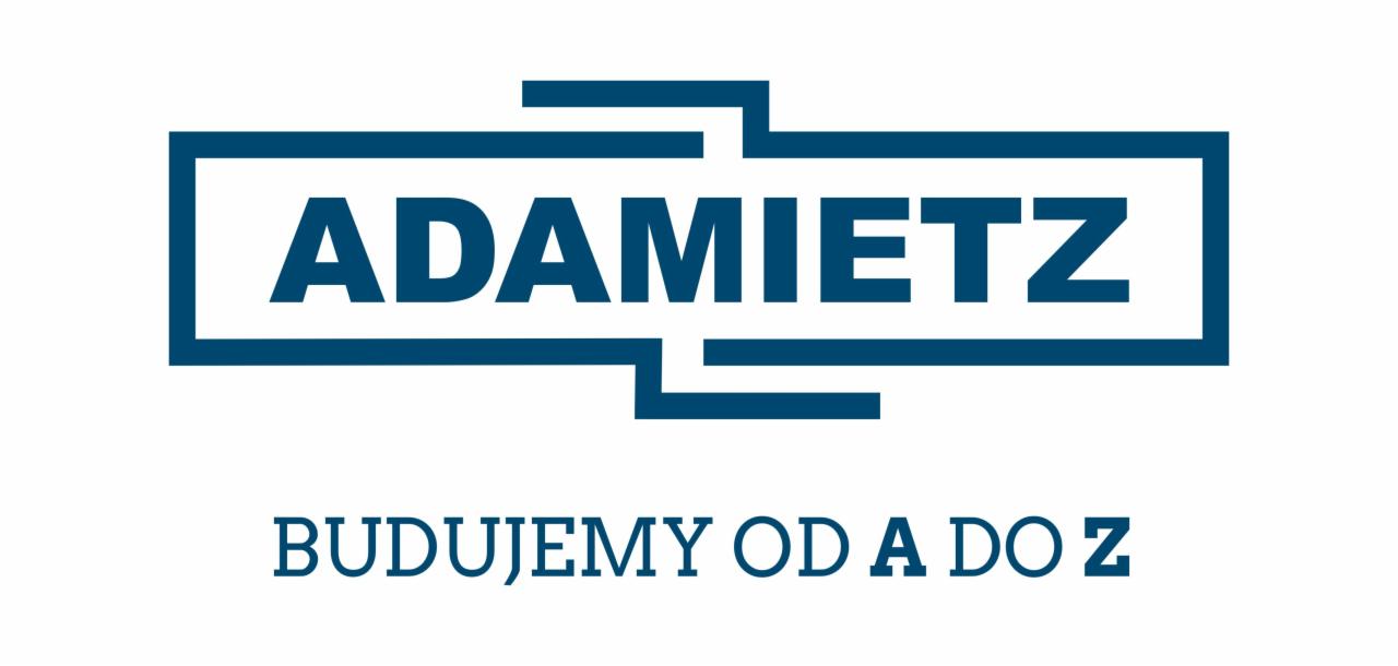 Logo firmy budowlanej Adamietz w kolorze niebieskim na białym tle. Slogan: Budujemy od A do Z.