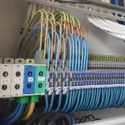 Szczegółowe ujęcie rozdzielnicy elektrycznej z widocznymi przewodami o różnych kolorach podłączonymi do listew zaciskowych, zabezpieczenia przepięciowe DEHNguard oraz wyłączniki nadprądowe...