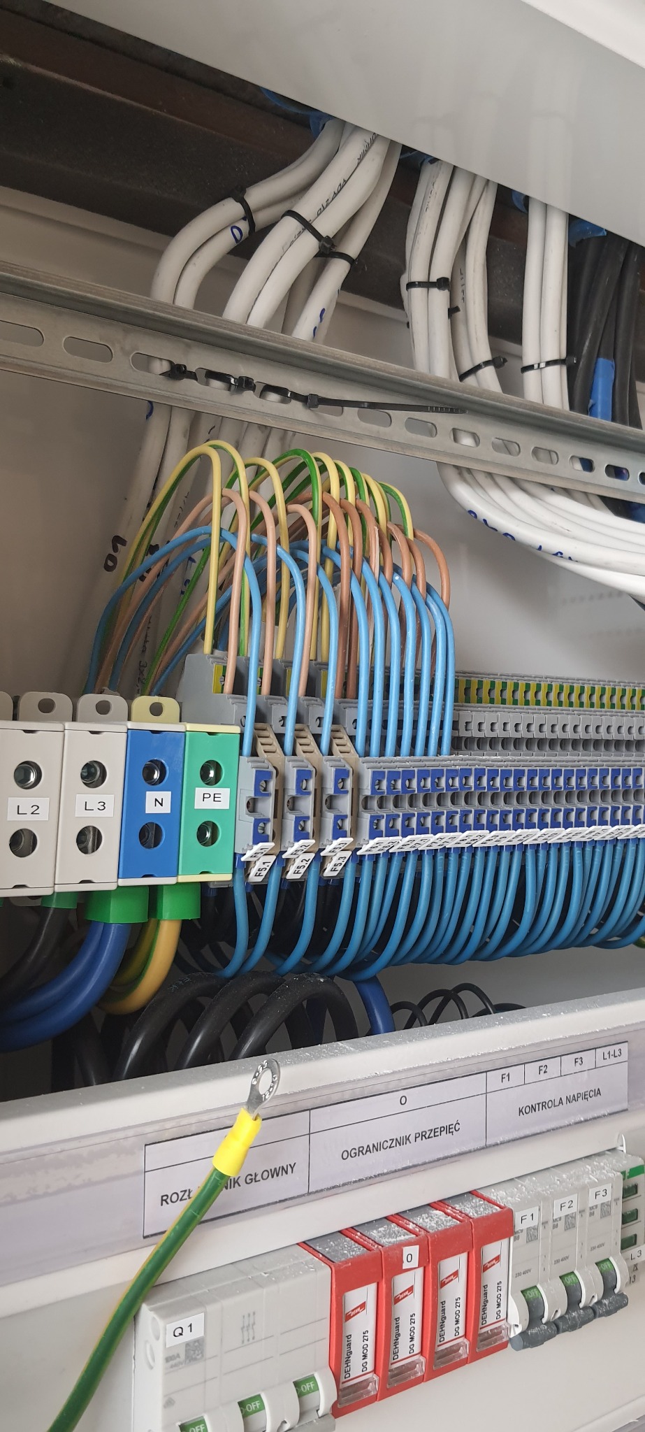 Szczegółowe ujęcie rozdzielnicy elektrycznej z widocznymi przewodami o różnych kolorach podłączonymi do listew zaciskowych, zabezpieczenia przepięciowe DEHNguard oraz wyłączniki nadprądowe...