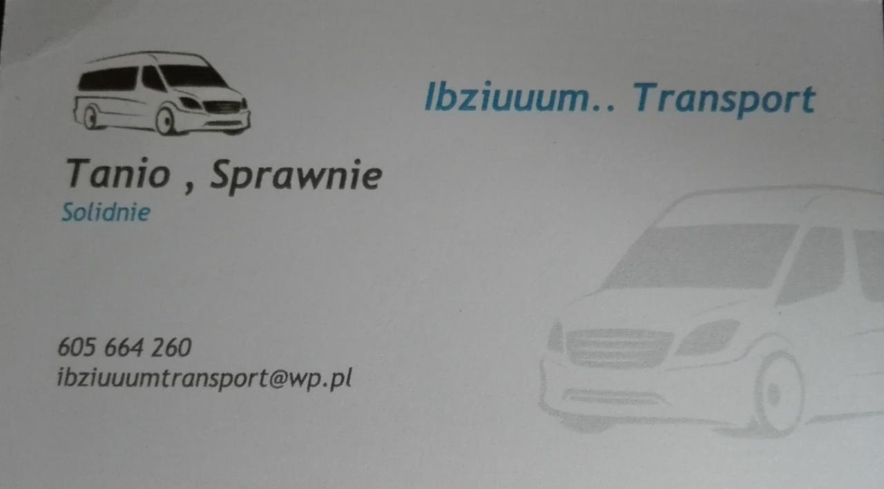 Wizytówka firmy transportowej Ibziuum z grafiką samochodu dostawczego, numerem telefonu i adresem email, hasłem 'Tanio, Sprawnie, Solidnie'.