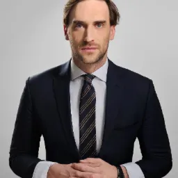 Portret mężczyzny w garniturze z krawatem w paski, splecione dłonie, zegarek na nadgarstku, na jasnym tle, neutralny wyraz twarzy, profesjonalny wizerunek.