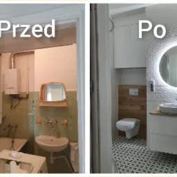 Porównanie 'przed' i 'po' odświeżonej łazienki w Rzeszowie: po lewej stara, z zielonymi płytkami i widocznym bojlerem, po prawej nowoczesna, z białą armaturą, oświetlonym lustrem i geometrycznymi...