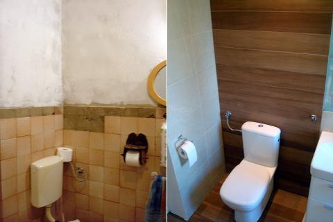 Porównanie stanu łazienki przed i po remoncie: stara, brudna łazienka z kwadratowymi płytkami w odcieniach beżu i nowa, odnowiona łazienka z drewnopodobnymi panelami na ścianie i podłodze,...