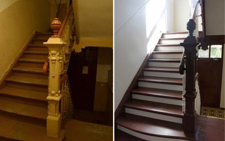 Porównanie schodów przed i po renowacji: po lewej stronie stare, drewniane schody z żółtymi ścianami, po prawej odnowione schody z ciemnego drewna z białymi podstopnicami i jasnymi ścianami.
