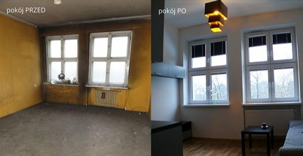 Zdjęcie typu 'przed i po' przedstawiające pokój. Po lewej stronie pokój przed remontem: zniszczone ściany w kolorze żółtym, brudna podłoga, stare okna i grzejnik. Po prawej stronie pokój po...