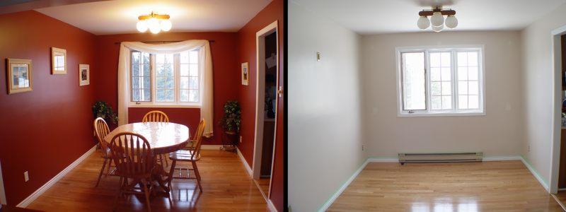 Zdjęcie porównawcze: pokój przed i po malowaniu. Po lewej stronie pokój z czerwonymi ścianami, drewnianym stołem i krzesłami, po prawej stronie pokój z beżowymi ścianami i grzejnikiem.