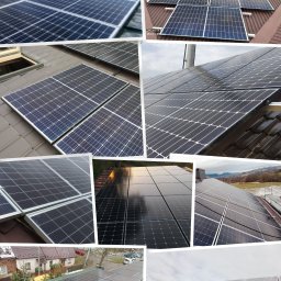 Marek Matras Safe System - Kolaż z widokami na zamontowane moduły słoneczne na brązowych dachówkach i zielonej blasze, ukazujący instalacje w różnym świetle i pogodzie.