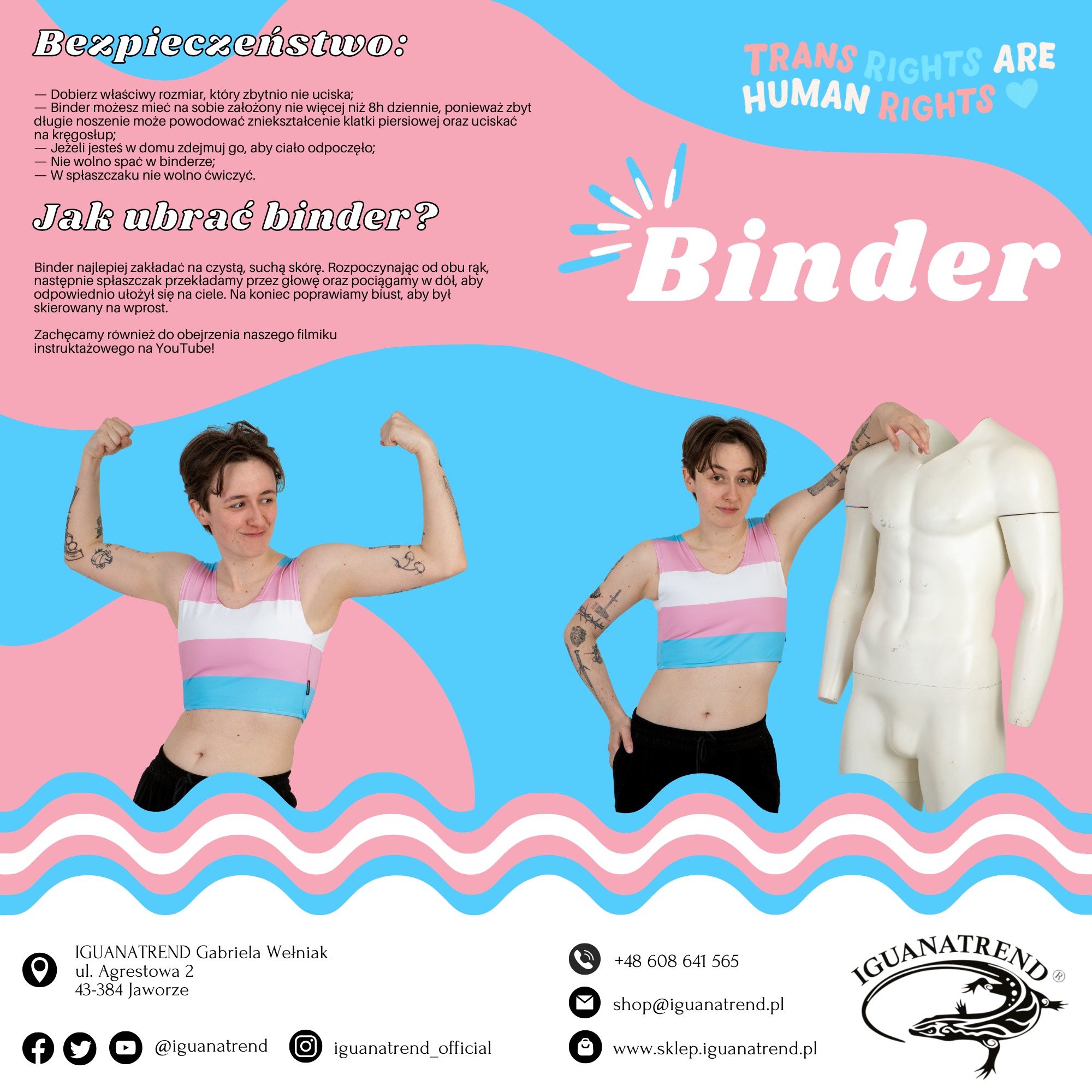 Instrukcja zakładania bindera z motywem flagi trans, prezentowana przez modelkę i manekina na tle z grafiką w kolorach flagi trans.