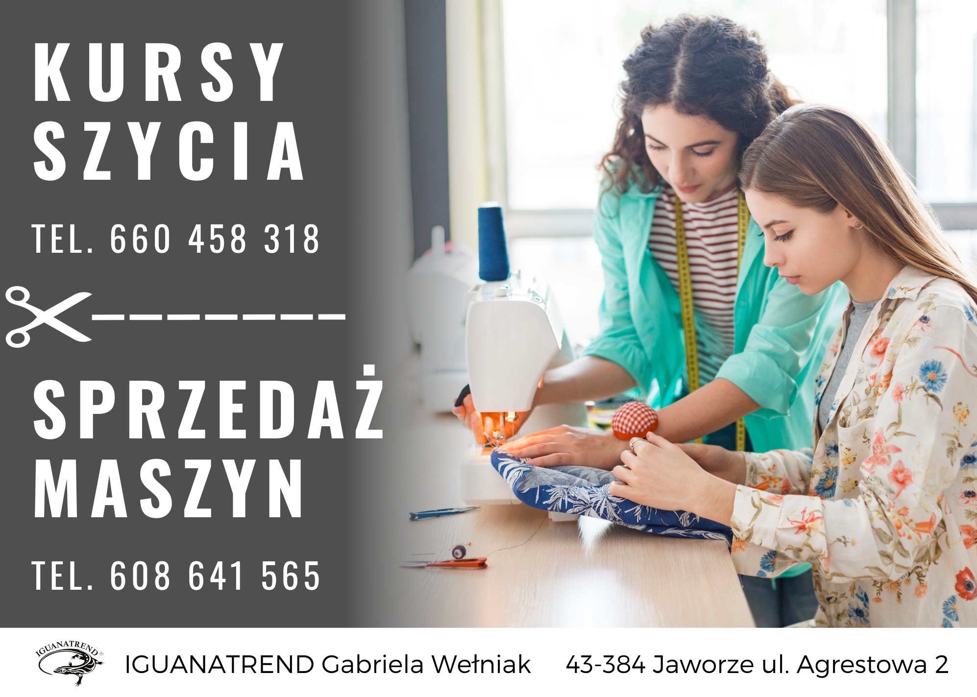 Dwie kobiety szyją na maszynie do szycia, w tle reklama kursów szycia i sprzedaży maszyn.