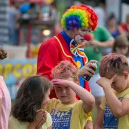 Klaun w czerwonym stroju i tęczowej peruce rozpyla kolorowy spray na włosy dzieciom podczas imprezy plenerowej.