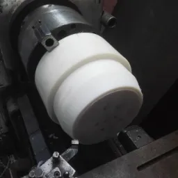 Biały, obracający się walec z tworzywa sztucznego zamocowany w uchwycie tokarki podczas obróbki skrawaniem.