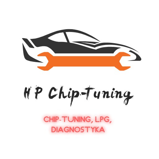 Grafika logo firmy oferującej chip-tuning, LPG i diagnostykę, z sylwetką samochodu i pomarańczowym kluczem francuskim.