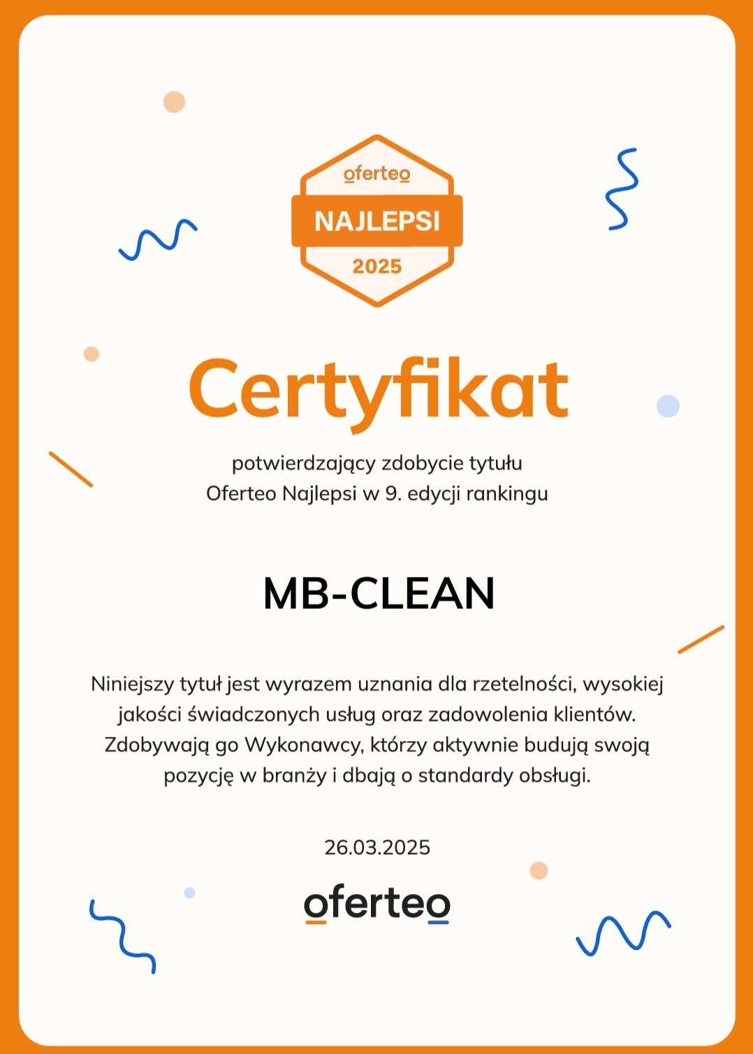 Certyfikat Oferteo Najlepsi 2025 dla MB-CLEAN, potwierdzający uznanie za rzetelność i jakość usług w 9. edycji rankingu. Pomarańczowe akcenty graficzne.