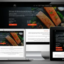 Responsywna strona internetowa restauracji wyświetlana na laptopie, tablecie i smartfonie, z ciemnym tłem i zdjęciem łososia.