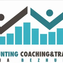 Logo firmy oferującej usługi księgowe, coaching i szkolenia, przedstawiające graficzny wykres słupkowy z rosnącą strzałką i stylizowanymi postaciami, w kolorach turkusowym i brązowym, z nazwą firmy...