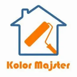 Logo firmy 'Kolor Majster' przedstawiające niebieski kontur domu z pomarańczowym wałkiem do malowania w środku.
