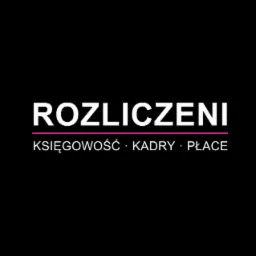 Logo firmy 'Rozliczenia' z hasłem 'Księgowość · Kadry · Płace' na czarnym tle, w kolorach białym i różowym.