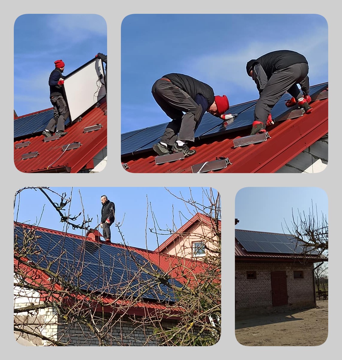Montaż paneli słonecznych na dachu z czerwonej blachy, widoczni dwaj instalatorzy w czerwonych czapkach i kombinezonach, jeden przenosi panel, drugi montuje go na specjalnych uchwytach, w tle...