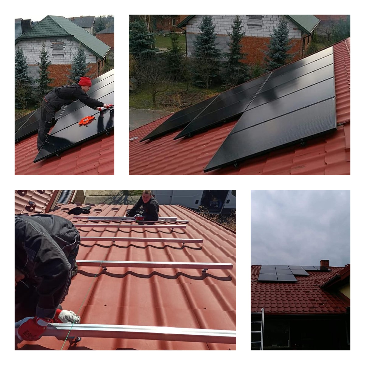 Montaż paneli słonecznych na dachu z czerwonej dachówki. Widoczne aluminiowe profile montażowe oraz pracownik w czerwonej czapce i kombinezonie dokonujący regulacji paneli.
