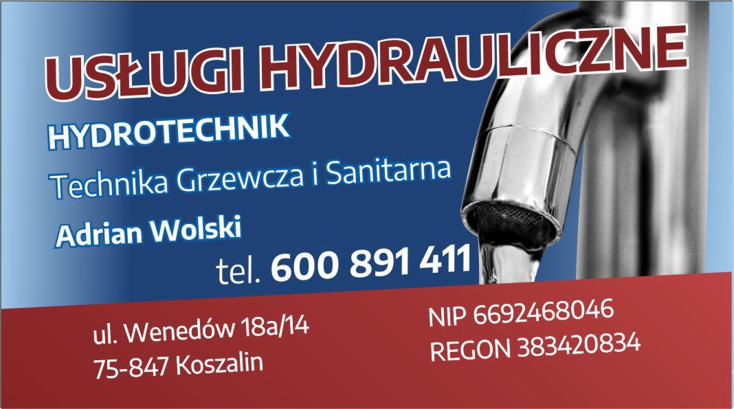 Wizytówka firmy Hydrotechnik z Koszalina oferującej usługi hydrauliczne, technika grzewcza i sanitarna, z numerem telefonu i adresem.