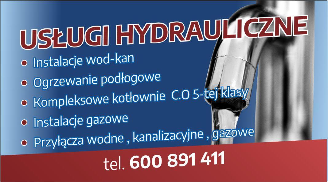 Reklama usług: instalacje wod-kan, ogrzewanie podłogowe, kotłownie, instalacje gazowe, przyłącza wodne, kanalizacyjne i gazowe, z numerem telefonu i stylizowanym kranem.