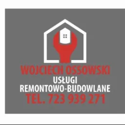 Logo firmy remontowo-budowlanej Wojciech Ossowski z numerem telefonu 723 939 271, przedstawiające biały obrys domu z czerwoną wstawioną w niego grafiką klucza francuskiego.