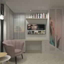 Wizualizacja pokoju biurowego z dwoma fotelami w kolorze pudrowego różu, stolikami kawowymi i biurkami pod telewizorami z półkami na książki, całość utrzymana w jasnej kolorystyce z motywem palm...