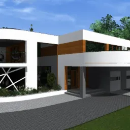 Wizualizacja nowoczesnego domu z białymi ścianami, drewnianymi akcentami i geometryczną balustradą, otoczonego zielenią i brukowanym podjazdem.