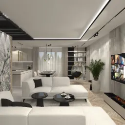 Wizualizacja salonu z białym narożnikiem, czarnymi stolikami kawowymi, kominkiem elektrycznym pod telewizorem i motywem graficznym na ścianie przy schodach.