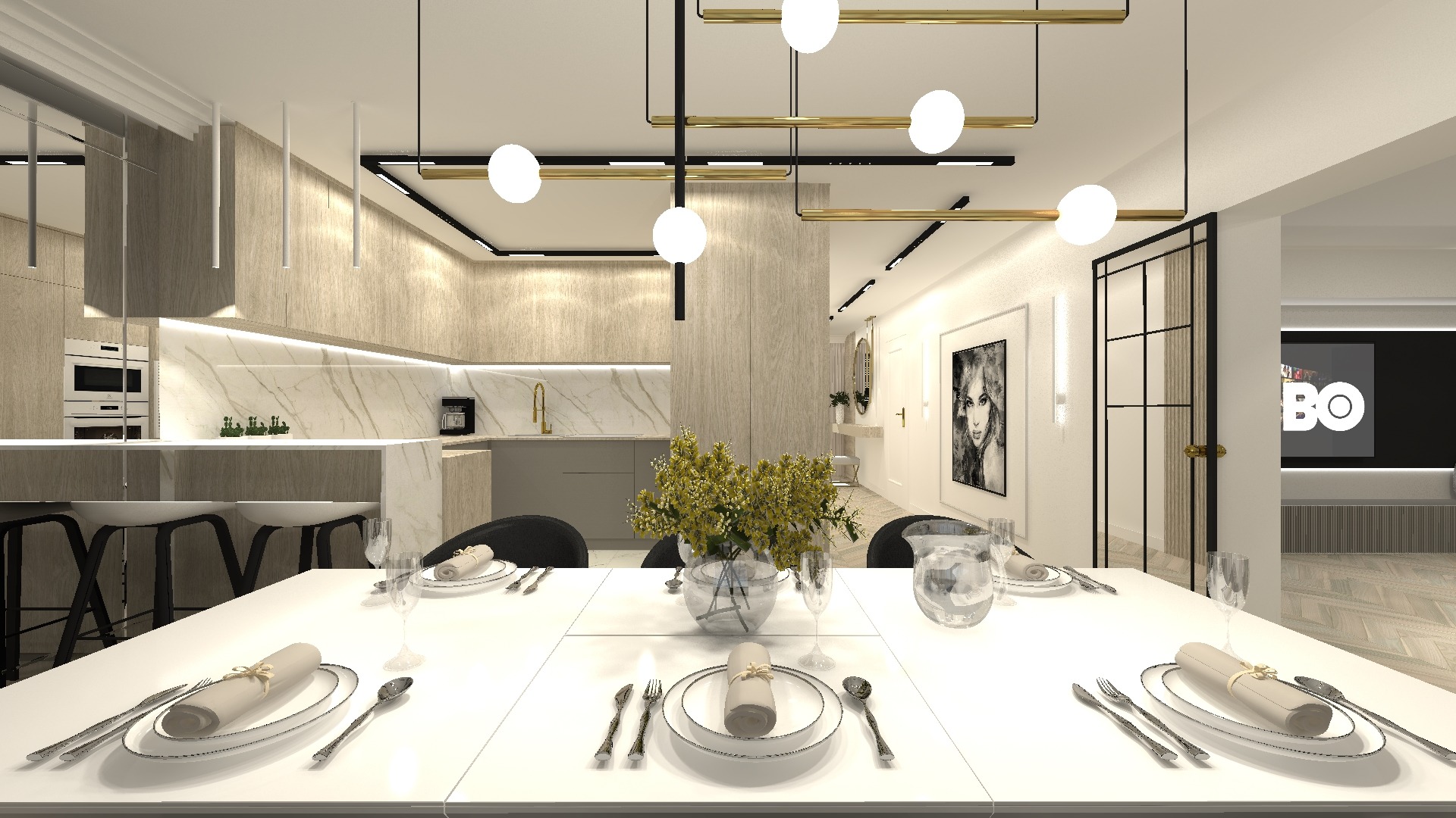 Wnętrze jadalni z widokiem na otwartą kuchnię, nowoczesne oświetlenie, nakryty stół z dekoracjami kwiatowymi.